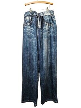 Faux Denim Print Wide Leg High Waist Pull-On Stretchy Pants
